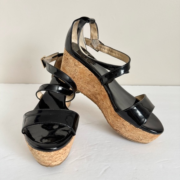 Jimmy Choo Portia 70 Black Patent Leather Wedge Sandals Size 36.5 - Picture 8 of 16